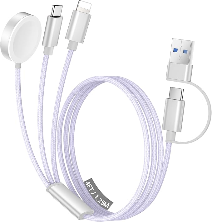 Temdan for Travel Vacation Essentials,3 in 2 USB C Cable for Apple Watch Charger/iPhone 17 Charger/Lightning,Multi Charging Cable Cord,Camping Essentials,Designed for iWatch &iPhone 16-12-4FT Purple