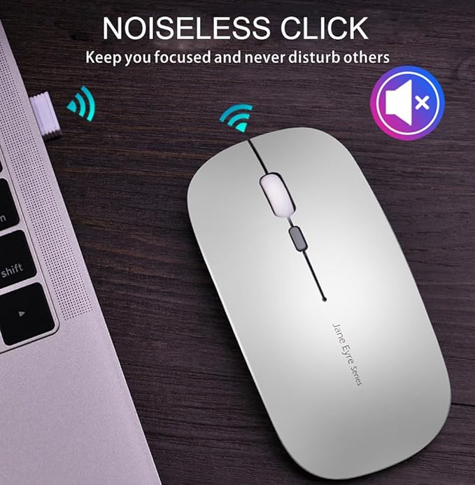 Q5 Slim Rechargeable Wireless Mouse, 2.4G Portable Optical Silent Ultra Thin Wireless Computer Mouse with USB Receiver and Type C Adapter, Compatible with PC, Laptop, Notebook, Desktop (Silver)