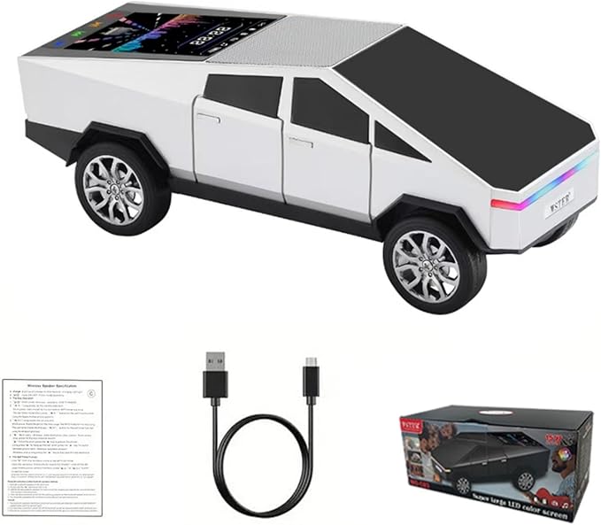 WSTER Futuristic Truck Replica Bluetooth Speaker with LED Display Screen – Practical Gift for Model Collectors, Music Listeners & Tech Fans, TWS Pairing, FM Radio, LED Headlight Detail & Mic (Silver)