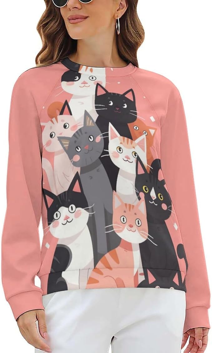 Long Sleeve Shirt Women Fall Cat Print Funny Hide Belly Vacation Plus Size Ladies Hippie Dressy Sweaters
