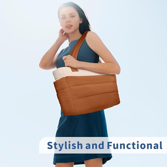 TOPDesign Puffer Tote Bag for Women, Lightweight Puffy Handbag with Compartments, Quilted Shoulder Bag for Work, Travel, Gym
