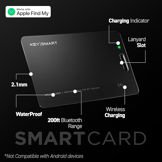 KeySmart MFI-Certified SmartCard Wallet Tracker Card, Compatible with Apple Find My App, Rechargeable Thin GPS Item Finder for Luggage Tag, Smart Bluetooth Tracking with Key Chain Hole Black, 1 Pack