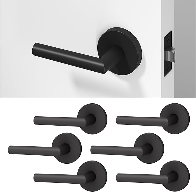 Okun Stark 6-Pack Matte Black Passage Door Levers – Reversible Non-Locking Interior Handles with Sleek Concealed-Mount Design for Hallways & Closets