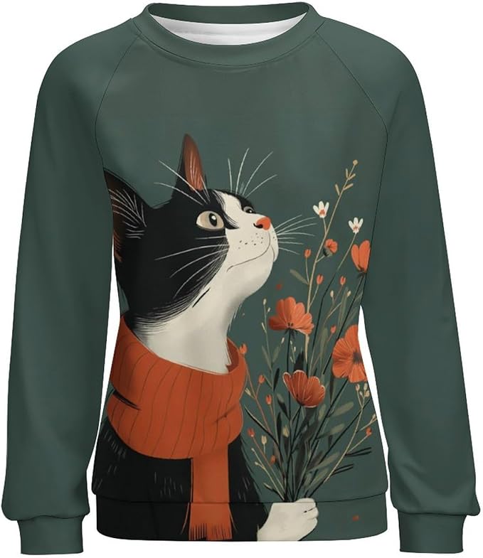 Long Sleeve Shirts for Women Cat Printed Fall Winter Dressy Holiday Casual Fashion Crewneck Tunic Tee Shirts