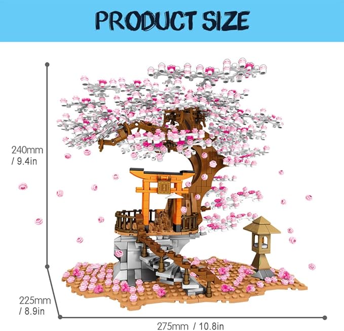 Sakura Tree House Lights Building Kit,City Architecture Inari Shrine Building Blocks Sets,for Adults,or Aged 12+ Boys Girls (1103 Pieces)