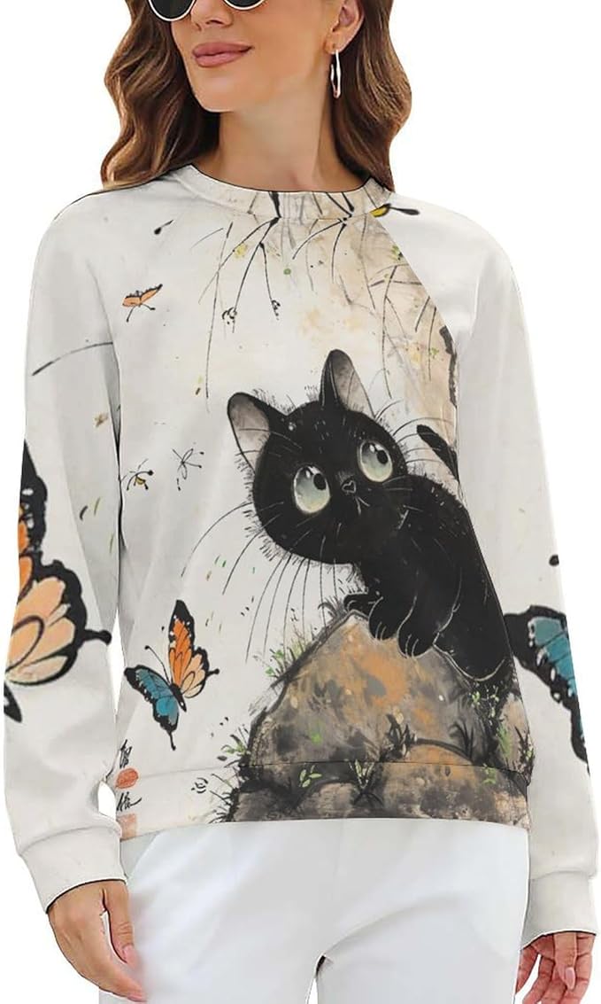 Long Sleeve Shirts for Women Cat Printed Fall Winter Dressy Holiday Casual Fashion Crewneck Tunic Tee Shirts