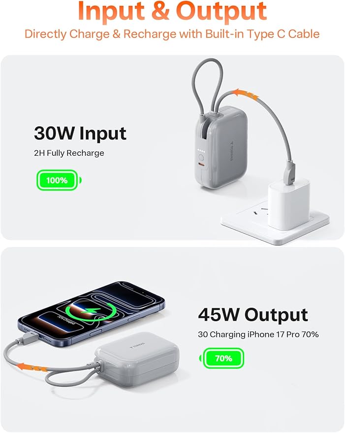 TORRAS EasyGo Portable Charger 10000mAh, 45W Ultra-Fast USB-C Power Bank with Dual Built-in Cables, Integrated Lanyard Design for One-Hand Use, Battery Pack Compatible with iPhone 16/17 Pro, Samsung