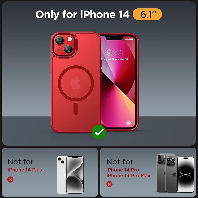 Miracase Magnetic for iPhone 14 Case 6.1 inch (Compatible with MagSafe)（with 2X Screen Protectors） Military-Grade Protection, Anti-Fingerprint Translucent Matte Phone Case Cover, Red