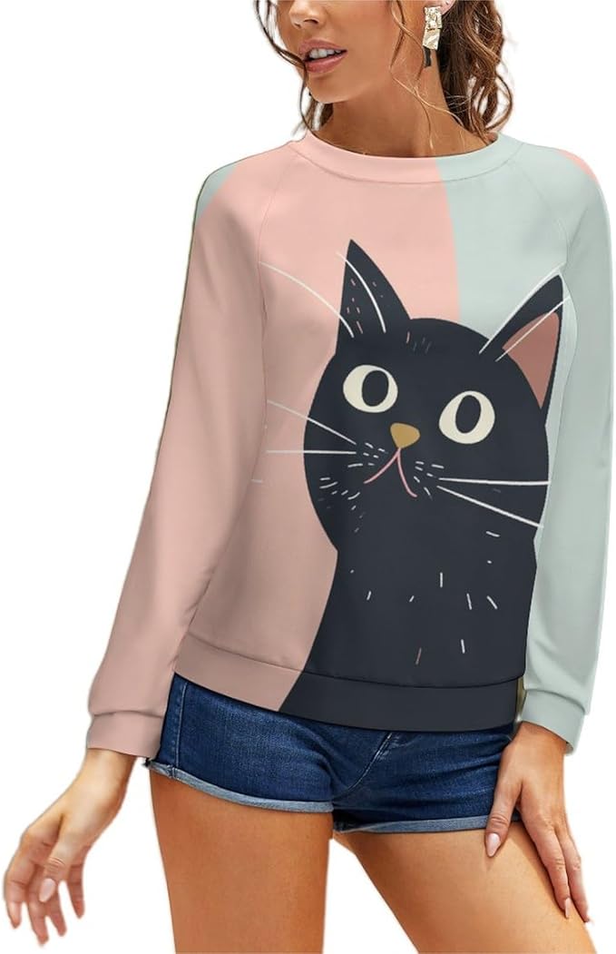 Long Sleeve Shirt Women Fall Cat Print Funny Hide Belly Vacation Plus Size Ladies Hippie Dressy Sweaters