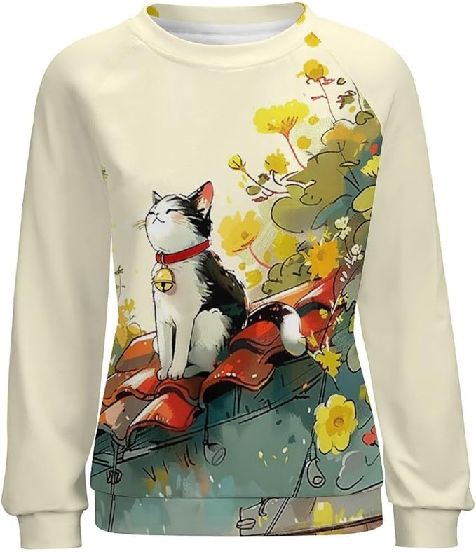 Long Sleeve Shirts for Women Cat Printed Fall Winter Dressy Holiday Casual Fashion Crewneck Tunic Tee Shirts