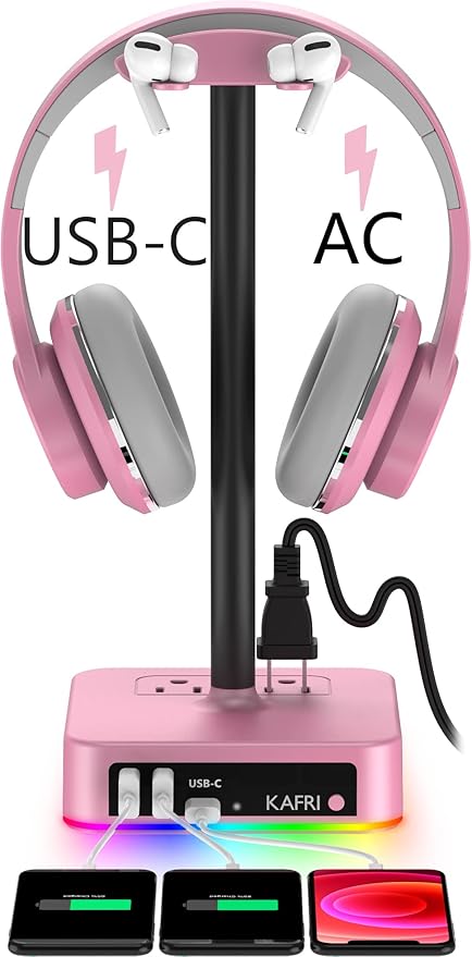 KAFRI RGB Headphone Stand with USB Charger Desk Gaming Headset Holder Hanger Rack with 3 USB Charging Port and 2 Outlet - Suitable for Gamer Desktop Table Game Earphone Accessories Girlfriend Gift