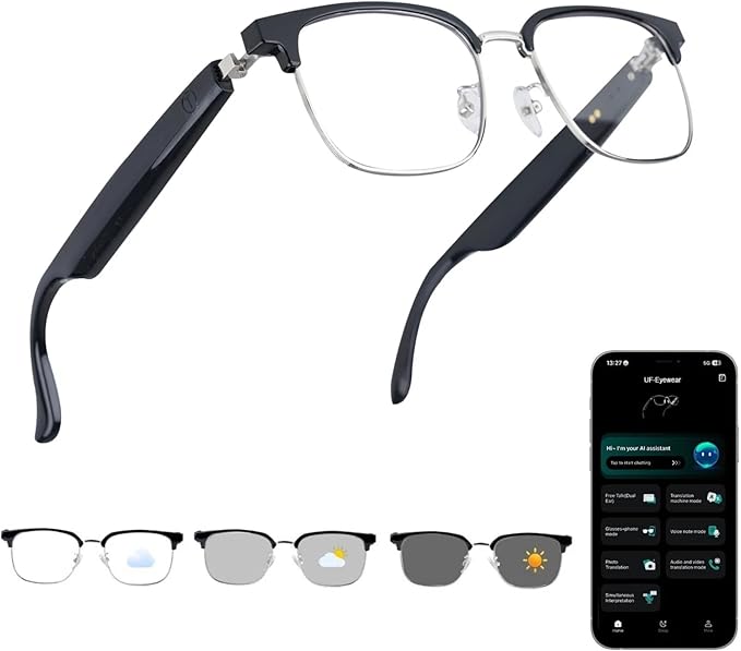 AI Smart Glasses, Bluetooth Audio Glasses with Real-Time Translator for 164 Languages, No subscription for APP, Photochromic Lens, Spring Hinges, Bluetooth Glasses for Travel/Work/Study(Gold)