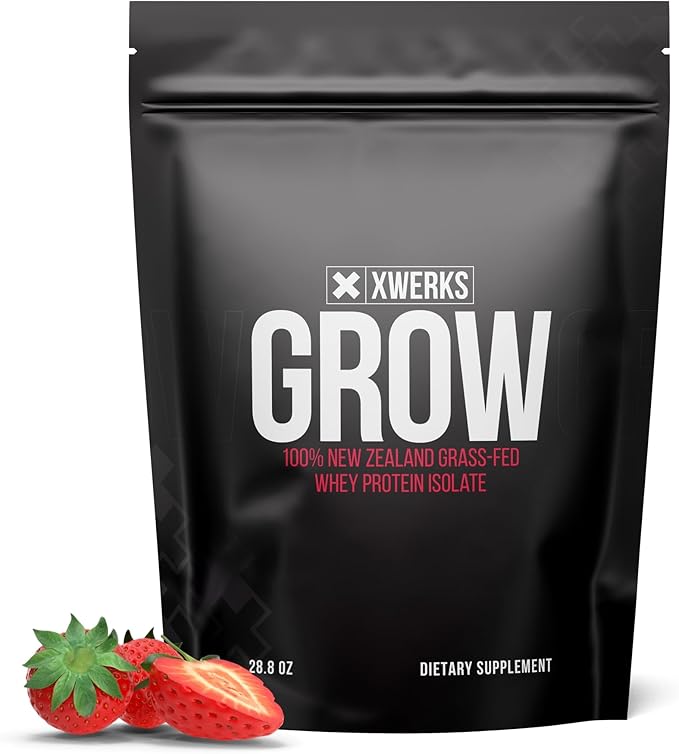 Xwerks Grow Whey Protein Powder, 25g Pure Isolate Protein from New Zealand Grass Fed Cows, Builds Strength and Speeds Recovery, Paleo and Keto Friendly, Soy and Gluten Free, Strawberry, 30 Servings