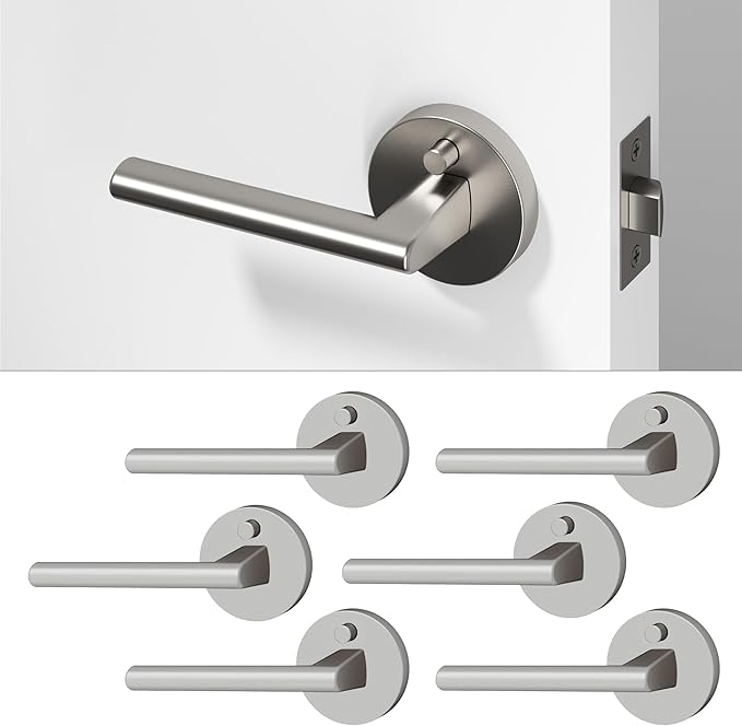 Okun Brio 6-Pack Brushed Nickel Privacy Door Levers – Push Button Lock, Reversible, Sleek Concealed-Mount Design for Bedroom & Bathroom