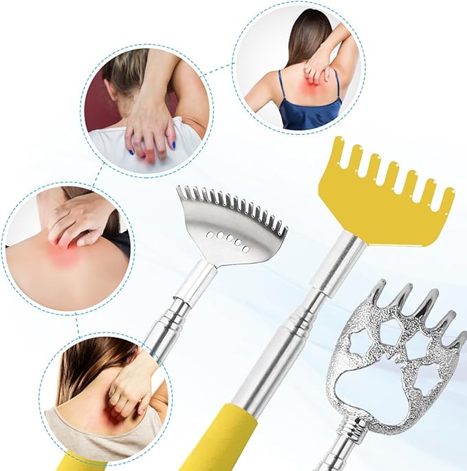 3 Pack Different Back Scratcher, Extendable Manual Back Massager Tool Metal Portable Telescoping Back scratchers with Beautiful Box Gifts for Men Women Kids Adults（Yellow）