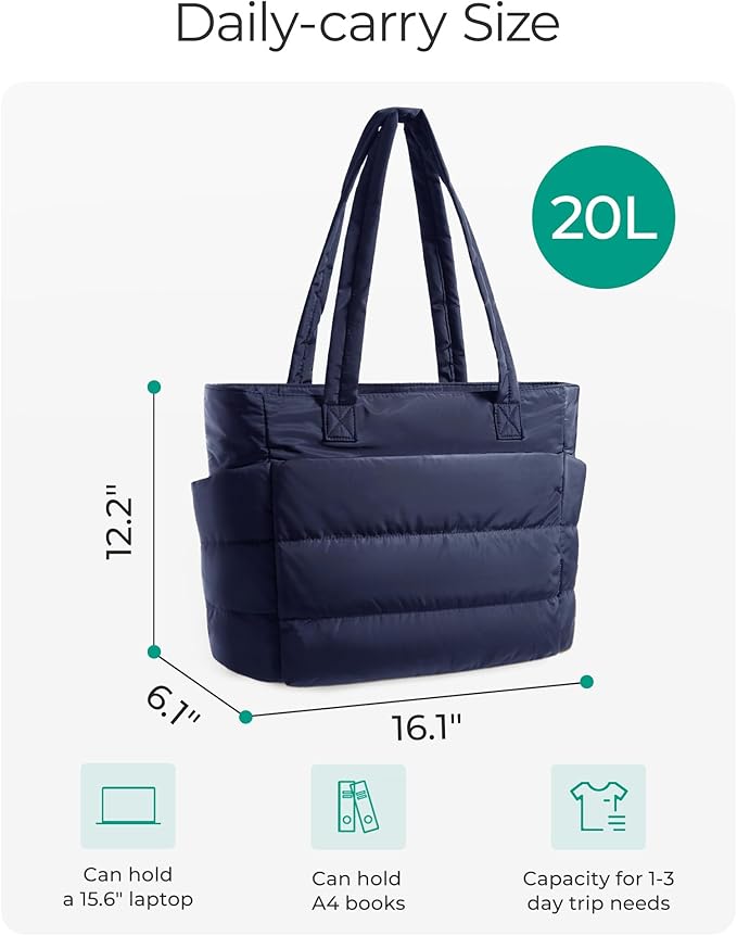BAGSMART Tote Bag for Women, Lightweight Puffy Tote Bag with Compartments Shoulder Bag Handbag for Travel, Work, Gym | Puffy, Lightweight, for Travel, Quilted, Tote Bag with Compartments, Work