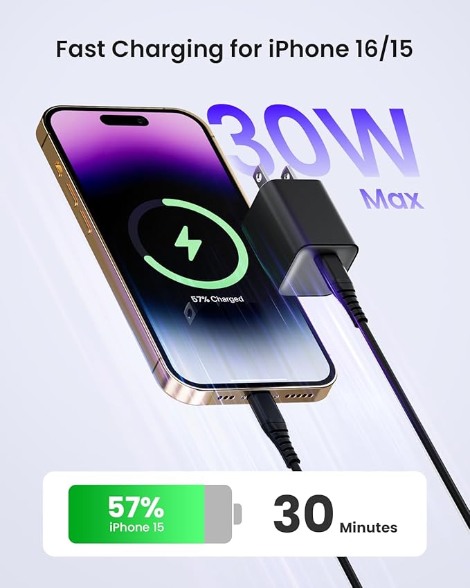 30W Compact Wall Charger, USB C Charger Block with GaN III Tech, PD3.0 PPS QC4.0 Fast Foldable Power Adapter for iPhone 16 15, Galaxy, Pixel, iPad, AirPods,MacBook Air