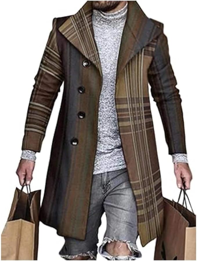 Men's Plaid Long Trench Coat Mid - Length Lapel Collar Button Down Warm Overcoat for Winter & Autumn Fashion