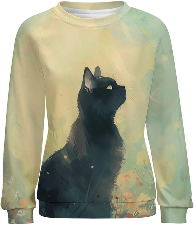 Sweatshirt for Women Cat Print Fashion Funny Plus Size Ladies Dressy Crewneck Casual Trendy Tee Shirts