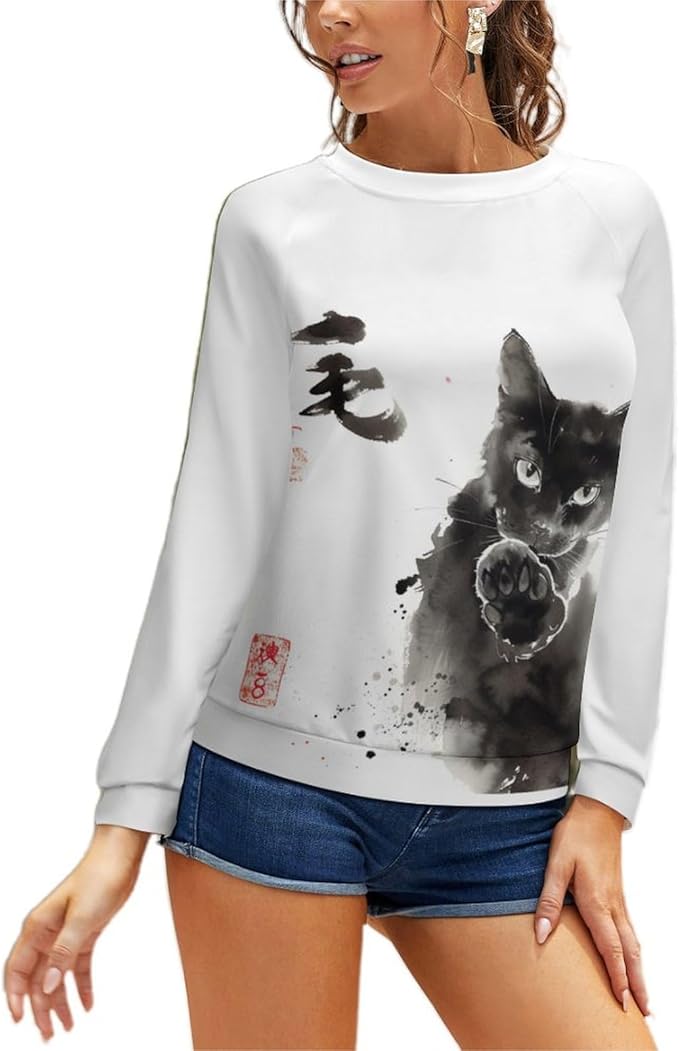 Long Sleeve Shirts for Women Cat Printed Fall Winter Dressy Holiday Casual Fashion Crewneck Tunic Tee Shirts