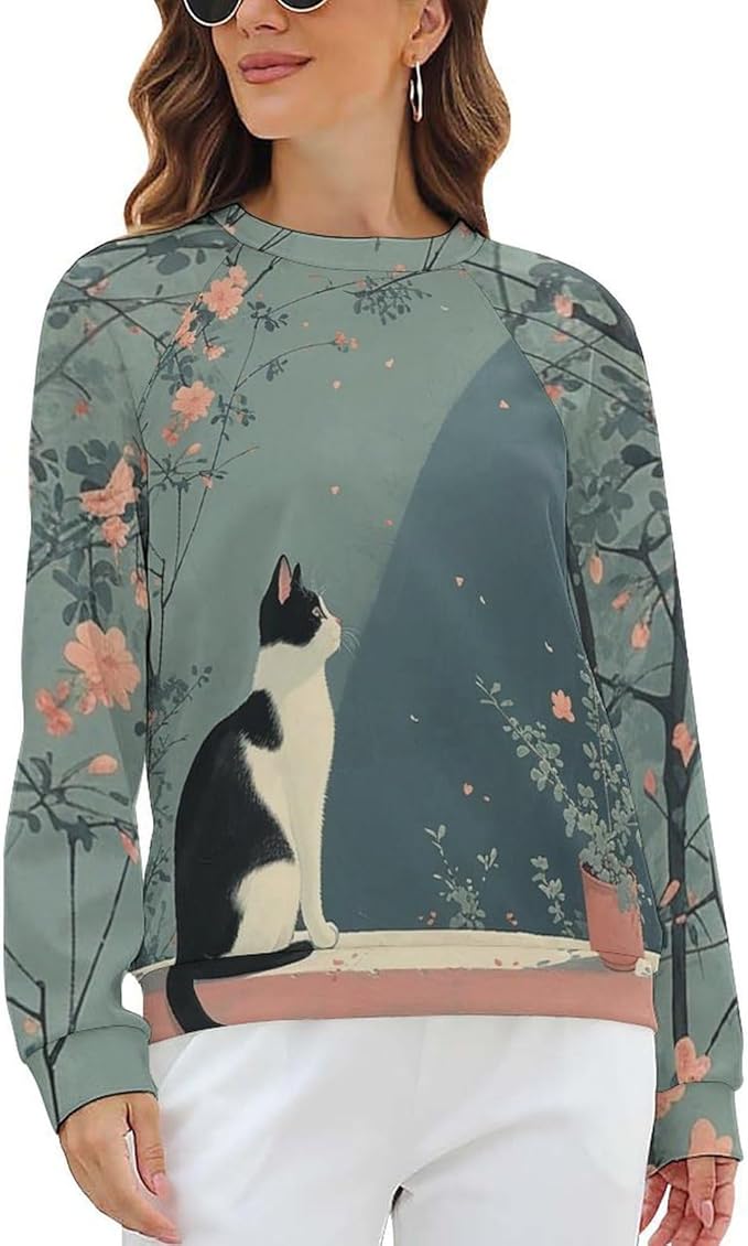 Long Sleeve Shirts for Women Cat Printed Fall Winter Dressy Holiday Casual Fashion Crewneck Tunic Tee Shirts