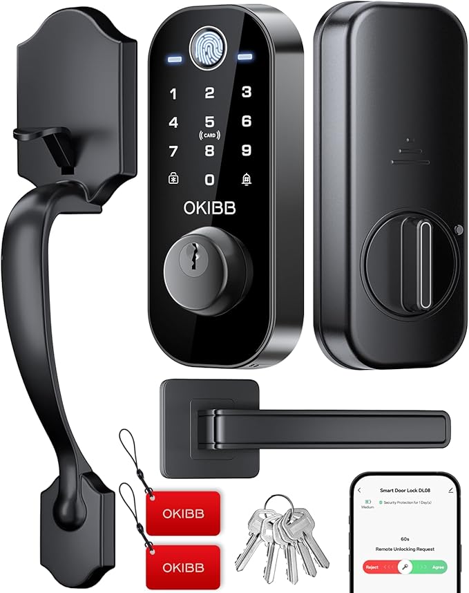 Smart Front Door Lock Set, Built-in WiFi, Keyless Entry Deadbolt with App Remote Control, Electronic Digital Touchscreen Keypad with Lever Handle, Fingerprint/Passcode/Fob/Key Unlock, Auto Lock