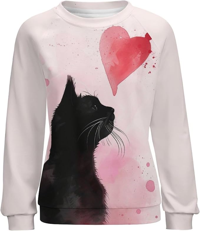 Long Sleeve Shirt Women Fall Cat Print Funny Hide Belly Vacation Plus Size Ladies Hippie Dressy Sweaters