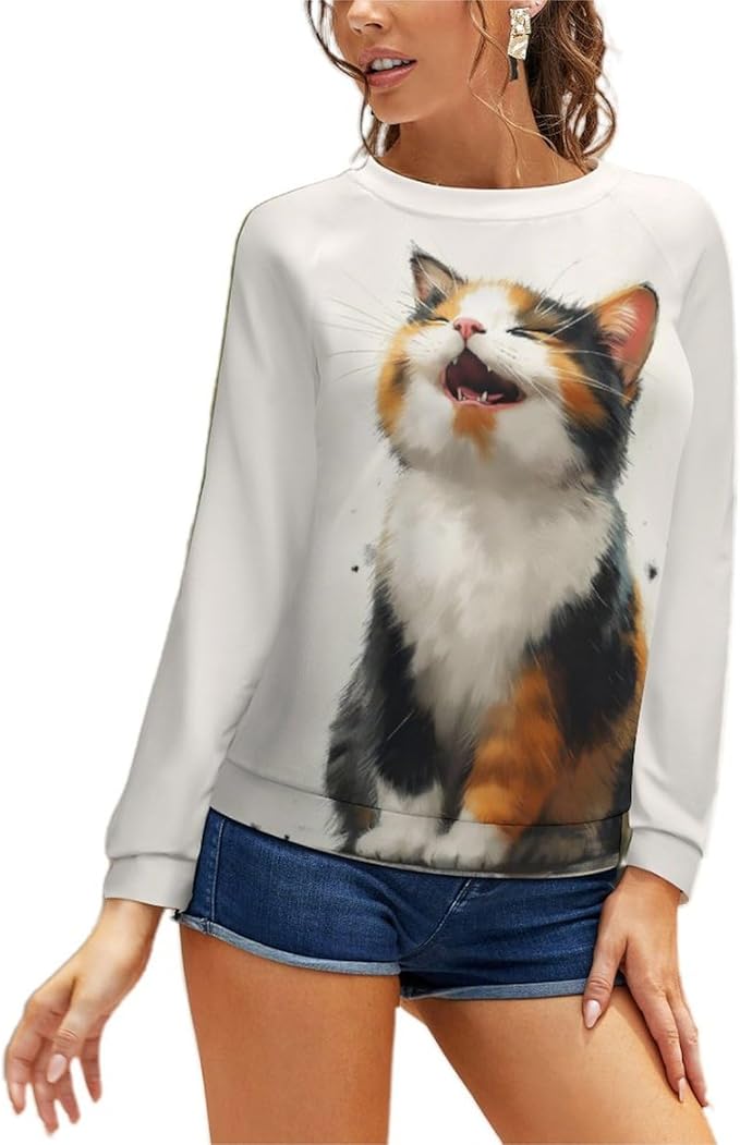 Long Sleeve Shirts for Women Cat Printed Fall Winter Dressy Holiday Casual Fashion Crewneck Tunic Tee Shirts