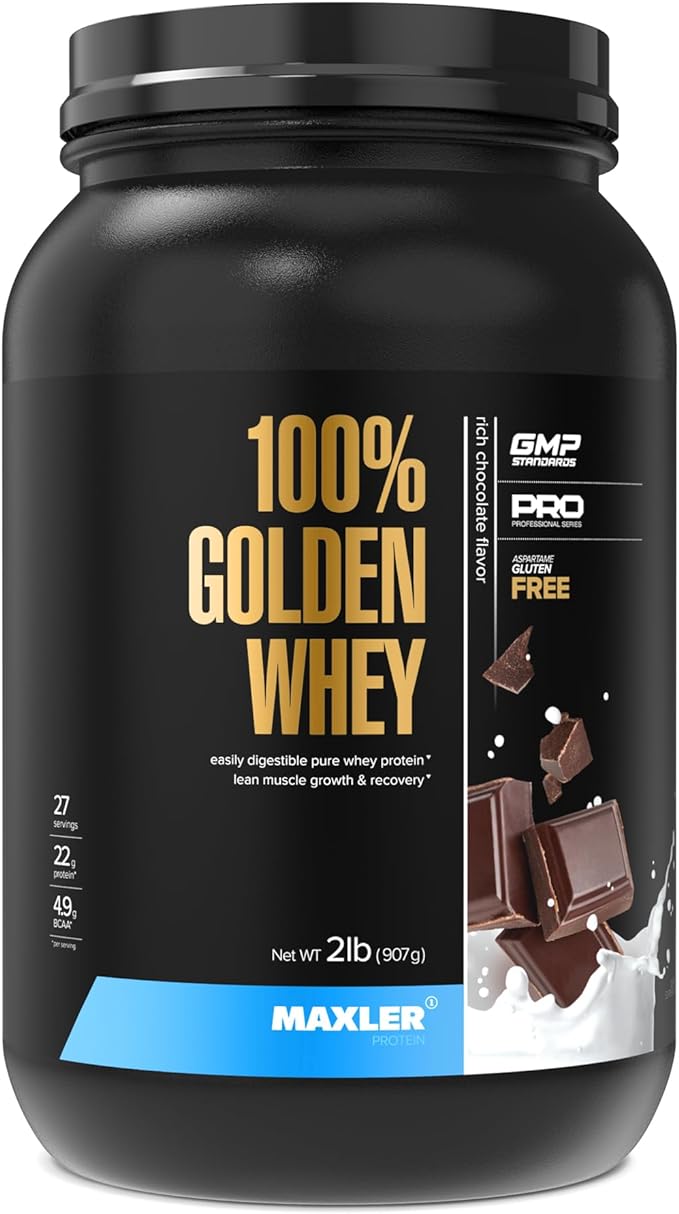 Maxler 100% Golden Whey Protein - 22g of Protein per Serving - Whey Protein Powder for Pre Post Workout - Fast-Absorbing Whey Concentrate, Isolate & Hydrolysate Blend - Rich Chocolate Protein 2 lb