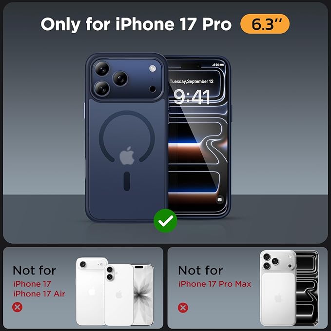 Miracase Magnetic for iPhone 17 Pro Case 6.3" with Screen Protector, [Compatible with MagSafe] Military-Grade Protection, Anti-Fingerprint, Slim Thin Phone Case for 17 Pro Cover, Dark Blue