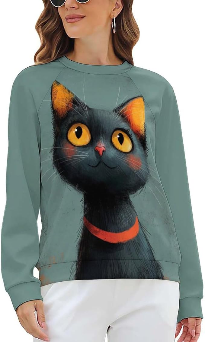 Long Sleeve Shirts for Women Cat Printed Fall Winter Dressy Holiday Casual Fashion Crewneck Tunic Tee Shirts