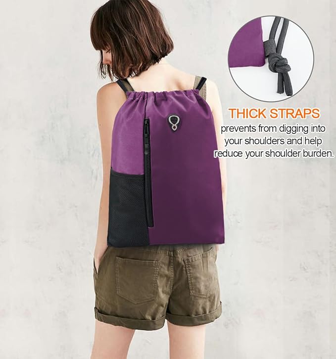 BeeGreen Purple Drawstring Backpack Gym Bag For Men & Women – Sports Sackpack with Mesh Water Bottle Holder & 2 Zippered Pockets – Large 16x20 Inch Cinch String Backpack