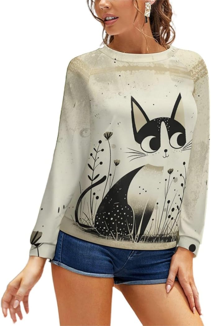 Long Sleeve Shirts for Women Cat Printed Fall Winter Dressy Holiday Casual Fashion Crewneck Tunic Tee Shirts