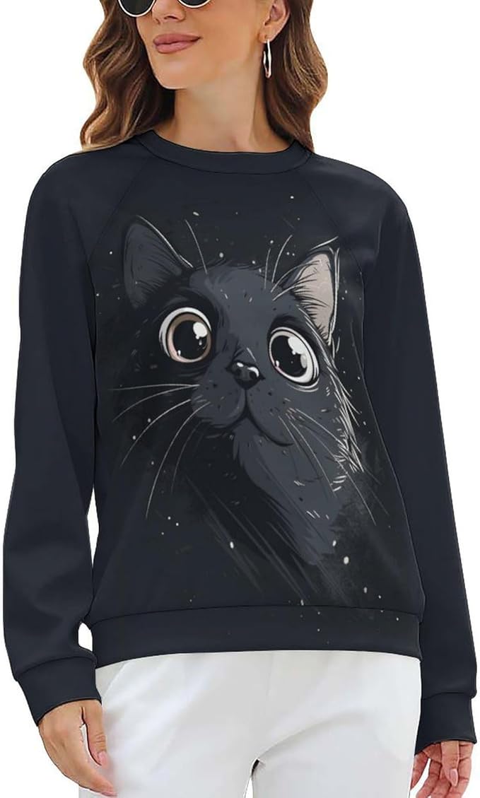 Long Sleeve Shirt Women Fall Cat Print Funny Hide Belly Vacation Plus Size Ladies Hippie Dressy Sweaters