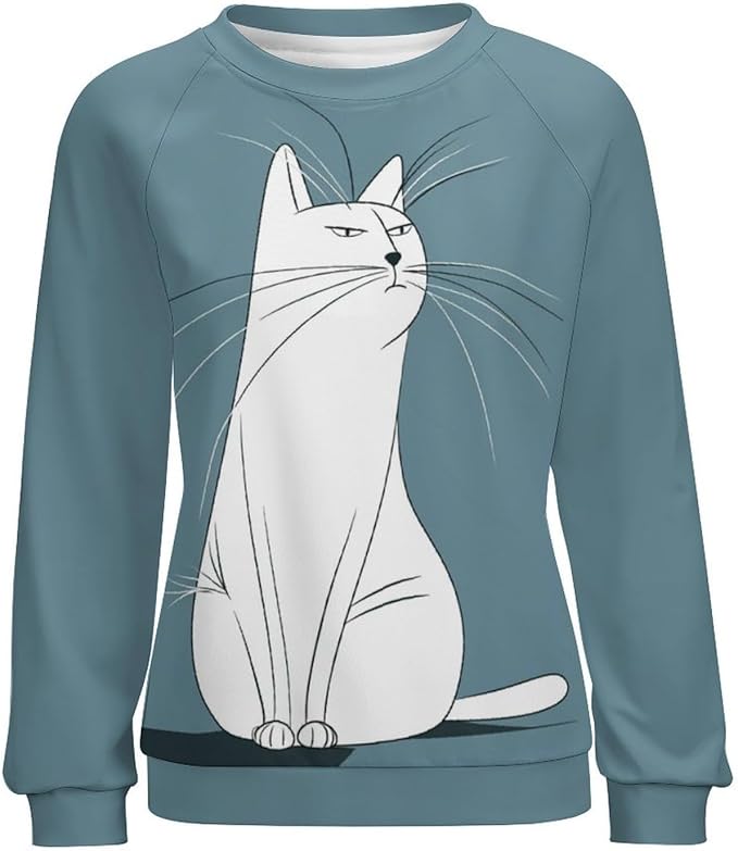 Long Sleeve Shirt Women Fall Cat Print Funny Hide Belly Vacation Plus Size Ladies Hippie Dressy Sweaters