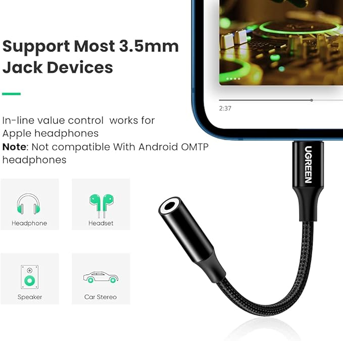 UGREEN Headphone Adapter for iPhone Lightning to 3.5mm Adapter Apple MFi Certified Lightning Aux Audio Jack Dongle Compatible with iPhone 14 Pro Max/14 Plus/13 12 11 Pro Max/SE/XS, Black