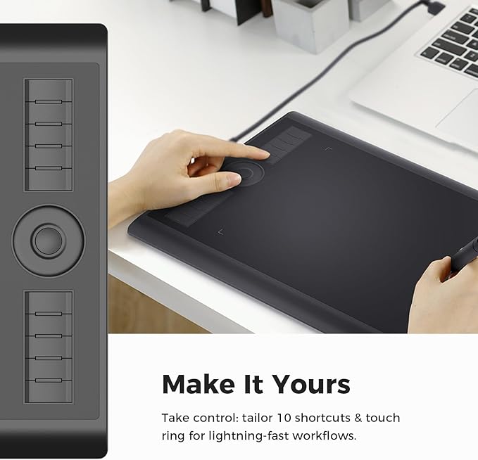 GAOMON M10K Drawing Tablet, 10x6 inch Large Graphics Tablet with Touch Ring, 8192 Levels Battery-Free Stylus, 10 Hot Keys, Art Tablet for Design, Writing, Editing, Work with Mac, Windows, Android