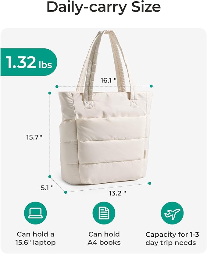 BAGSMART Tote Bag for Women, Lightweight Puffy Tote Bag with Compartments Shoulder Bag Handbag for Travel, Work, Gym | Puffy, Lightweight, for Travel, Quilted, Tote Bag with Compartments, Work