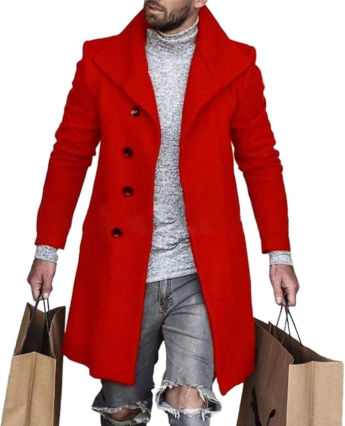 Men's Plaid Long Trench Coat Mid - Length Lapel Collar Button Down Warm Overcoat for Winter & Autumn Fashion