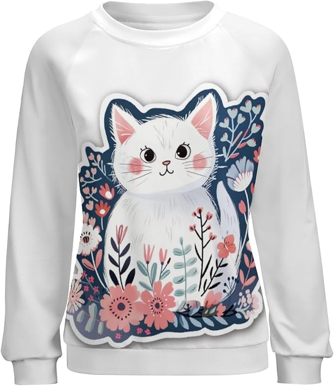 Sweatshirt for Women Cat Print Fashion Funny Plus Size Ladies Dressy Crewneck Casual Trendy Tee Shirts