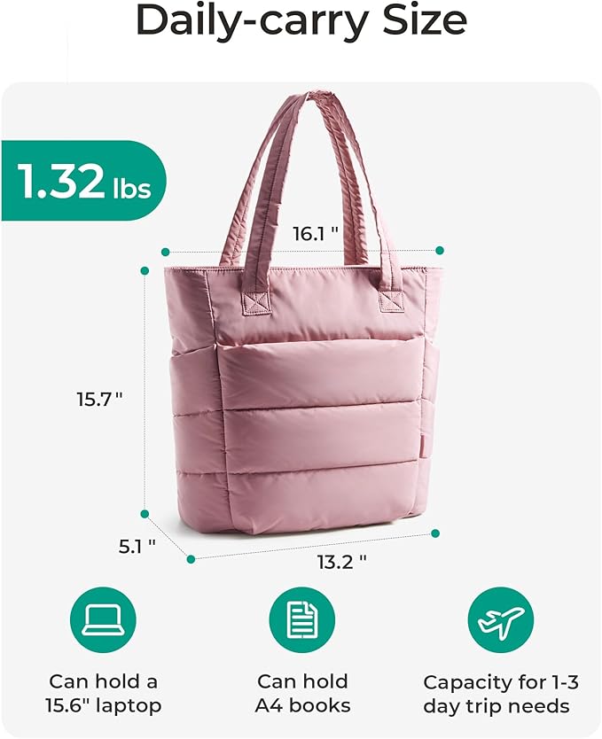 BAGSMART Tote Bag for Women, Lightweight Puffy Tote Bag with Compartments Shoulder Bag Handbag for Travel, Work, Gym | Puffy, Lightweight, for Travel, Quilted, Tote Bag with Compartments, Work