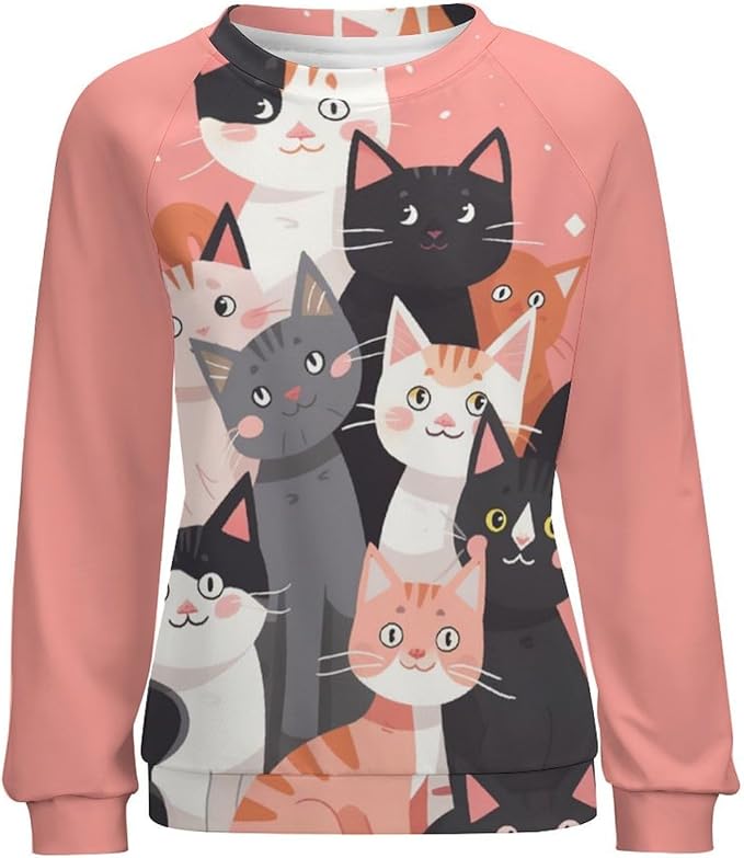 Long Sleeve Shirt Women Fall Cat Print Funny Hide Belly Vacation Plus Size Ladies Hippie Dressy Sweaters