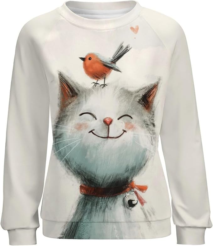 Long Sleeve Shirts for Women Cat Printed Fall Winter Dressy Holiday Casual Fashion Crewneck Tunic Tee Shirts