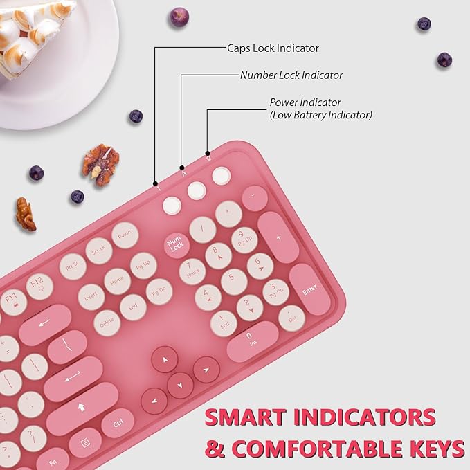 Wireless Keyboard,KOOTOP Cute Colorful 104 Keys Typewriter Retro Round Keycaps Keyboard for PC Laptop,Desktop,Windows, Home and Office Keyboards(Pink)