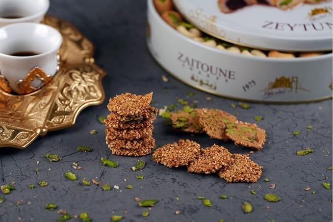 Zaitoune Mixed Cookies Gift Box - 18 oz | Luxury Arabic Mini Cookie Assortment - Date Maamoul, Barazek & Ghraybeh | Handmade with Dates, Sesame & Pistachio