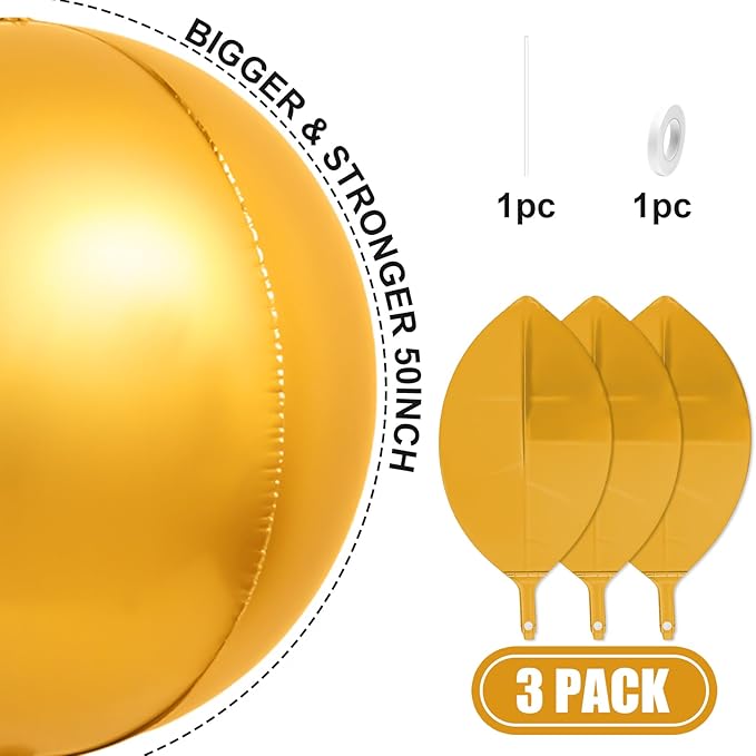 50 Inch Giant Gold Round Foil Balloons, 3Pcs Metallic Gold 4D Ball Balloons for Birthday New Year Eve Wedding Engagement Graduation Anniversary Party Decorations 2026