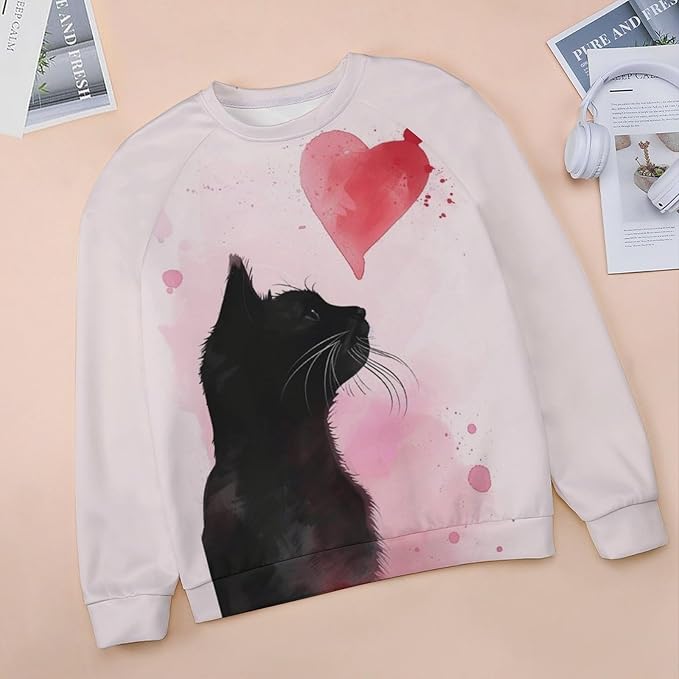 Long Sleeve Shirt Women Fall Cat Print Funny Hide Belly Vacation Plus Size Ladies Hippie Dressy Sweaters