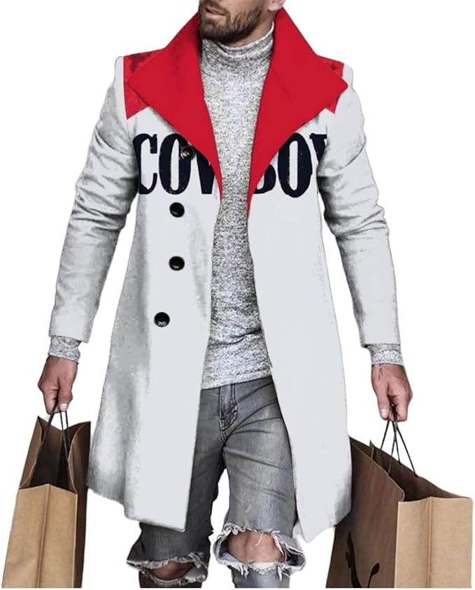 Men's Plaid Long Trench Coat Mid - Length Lapel Collar Button Down Warm Overcoat for Winter & Autumn Fashion