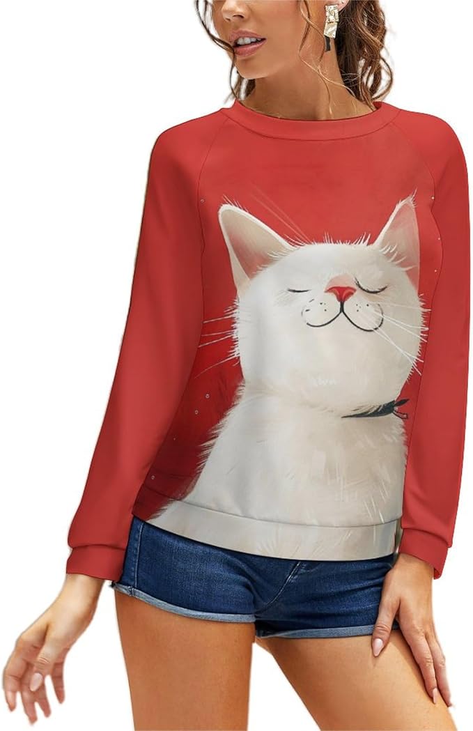 Long Sleeve Shirts for Women Cat Printed Fall Winter Dressy Holiday Casual Fashion Crewneck Tunic Tee Shirts