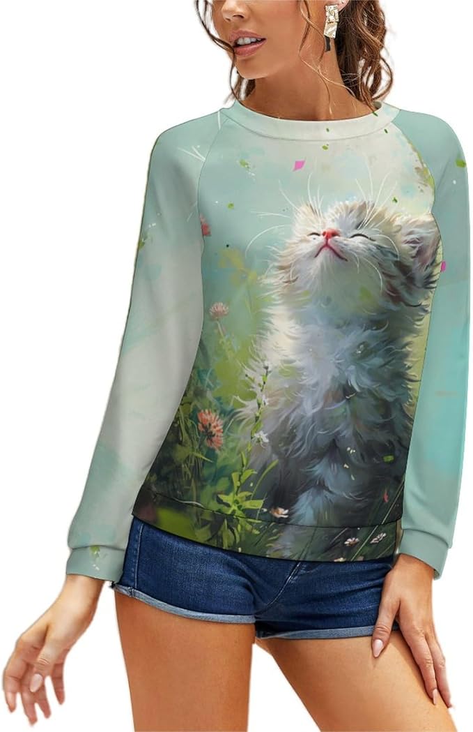 Long Sleeve Shirts for Women Cat Printed Fall Winter Dressy Holiday Casual Fashion Crewneck Tunic Tee Shirts